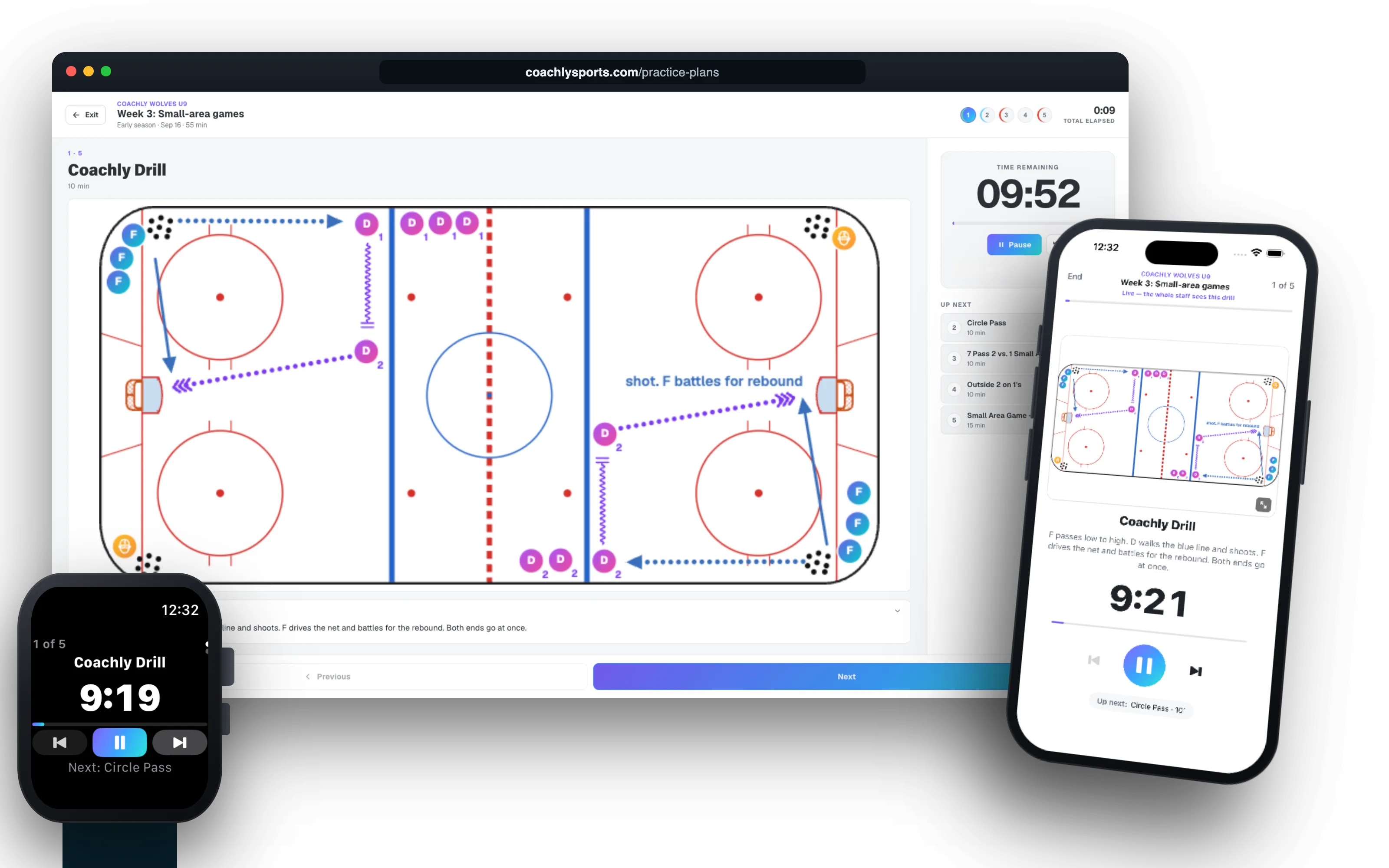 Coachly running a practice on a laptop, an iPhone and an Apple Watch