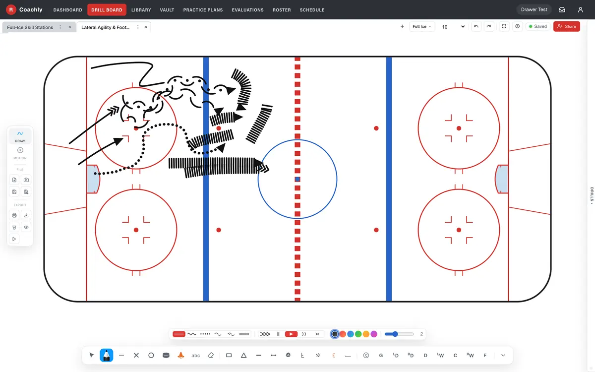 The Coachly drill board: a full-ice rink with a hand-drawn skills drill, two drills open in tabs, and the drawing toolbar