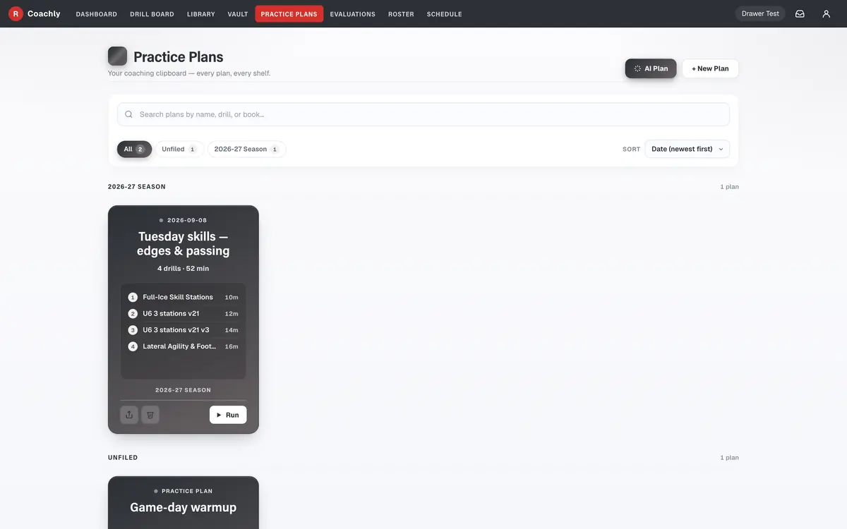 Practice Plans page showing a plan card with four drills, total minutes and Run button